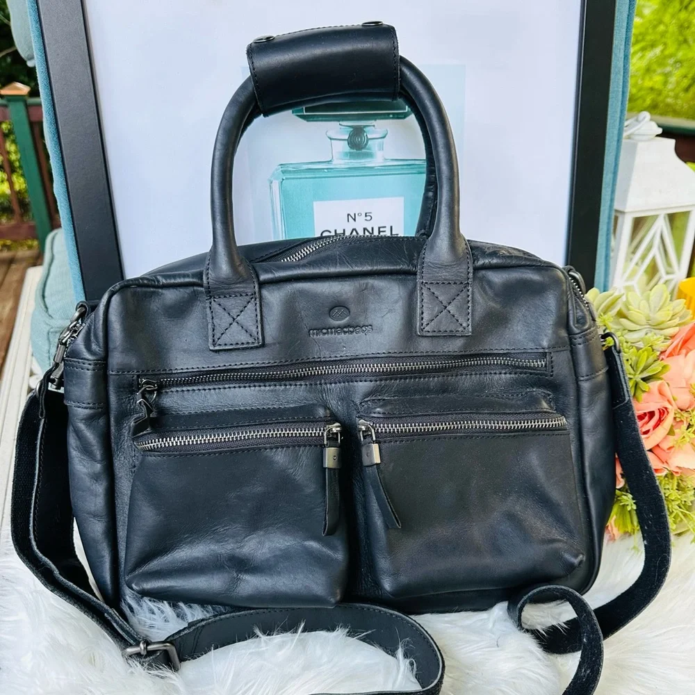 Micmacbags Black Cowhide Handmade Leather Bag with removable shoulder strap